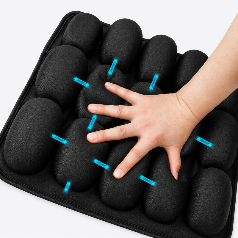 Black massage cushion with blue rollers and a hand pressing down on it against a white background
